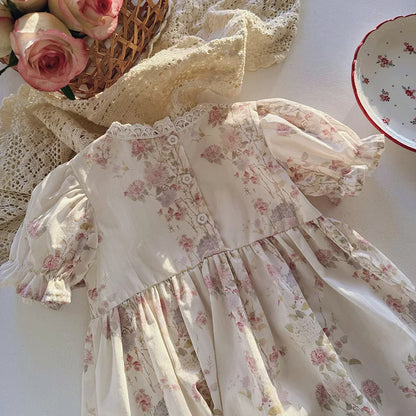 Floral Square Neck Girl's Dress French Gentle Style Summer Lace Short Sleeved Children's Cake Princess Dress Children's Clothing