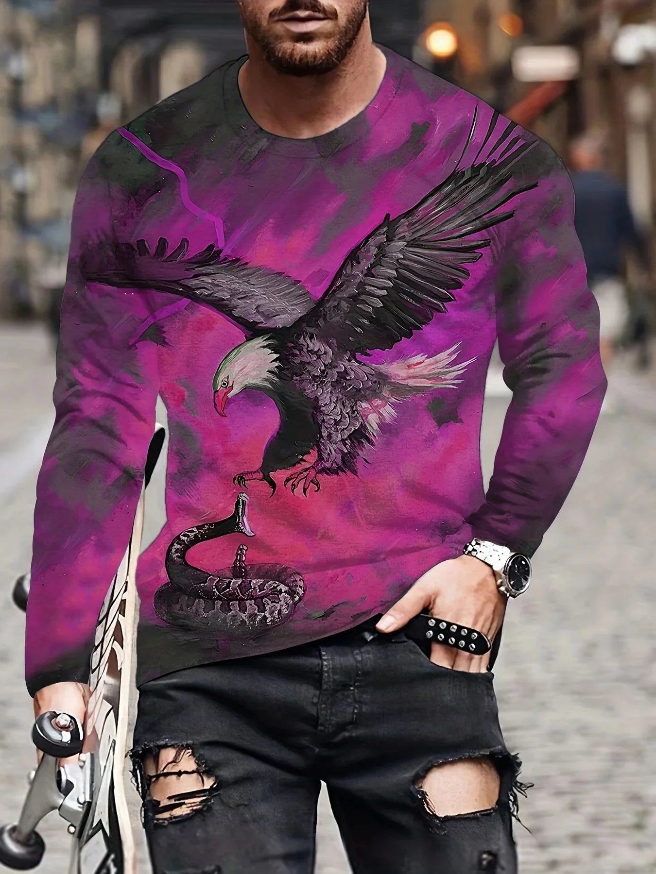 Men's Eagle Printed Long Sleeve Round Neck Retro Novelty T Shirt Autumn Fashion Large Size Long Sleeve Men's Shirt Clothing