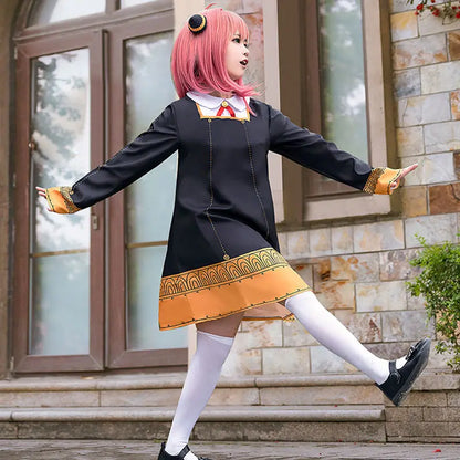 Anime SPY X FAMILY Anya Forger Cosplay Costume Black Dress Uniform Child Girls Pink Wig Stockings Party Role Outfit Adults Kids
