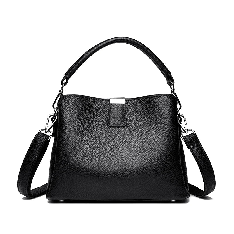 100% cowhide Bag Casual Women Hobos Handbags Bucket Bags New Women's Fashion Handbags Retro Solid Color Leather Shoulder wallet