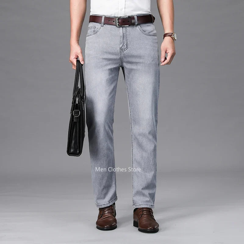 2024 Brand Thin or Thick Material Men's Elastic Cotton Jeans Fashion Gray Comfortable Denim Business Casual High Waist Pants