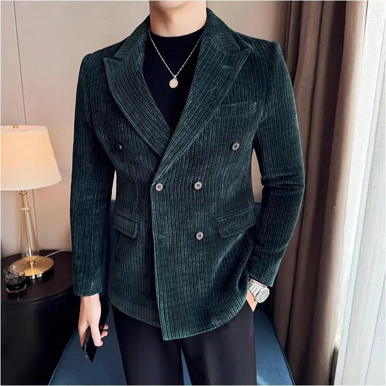 Autumn Winter New Men Corduroy Suit Jackets Double-Breasted Striped Slim Fit Casual Coats High Quality Formal Business Tailcoat