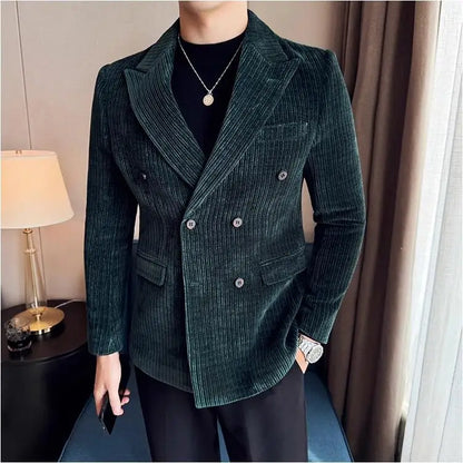 Autumn Winter New Men Corduroy Suit Jackets Double-Breasted Striped Slim Fit Casual Coats High Quality Formal Business Tailcoat