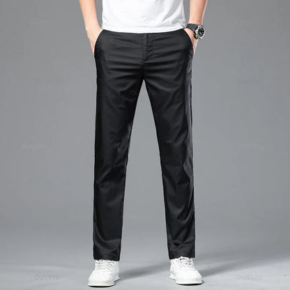 New Summer Cosy Soft Bamboo Fiber Straight Suit Pants Men Business Stretch Thin Navy Blue Casual Trousers Male Large Size 40 42