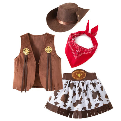 4/5 Pcs Set Girls Cowboy Role Play Skirt Clothes Vest Set Skirt Sets Kids Spring Autumn Halloween Cosplay Performance Costumes