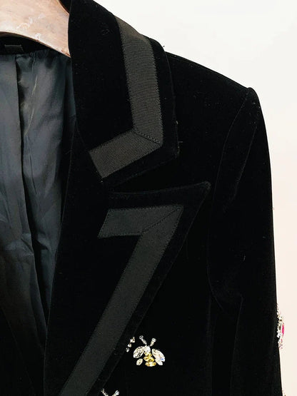 HIGH STREET Newest 2026 F/W Designer Jacket Women's Single Button Stunning Rhinestone Diamonds Beaded Bee Velvet Long Blazer