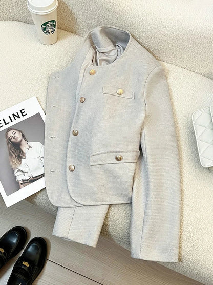 Elegant Office Lady Blazers Women Long Sleeve Button Spring Autumn Suit Coats Vintage Loose Casual Small Fragrance Crop Jacket