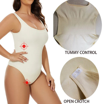 Ribbed Tummy Jumpsuit Daily Shaper Bodysuits Light Control Compress Tummy Control Open Crotch Shapewear Suits Open Crotch