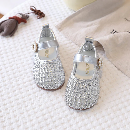 Spring Girl's Sandals Braided Pearl Hook-loop Chic Kid's Flat Shoe Solid Colors Anti-slip Casual Versatile Children Shoes 4-6Y
