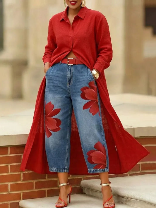 Women's High Waist Cropped Jeans Large Red Floral Print Relaxed Fit Denim Capri Pants 2026 Summer Streetwear Pants