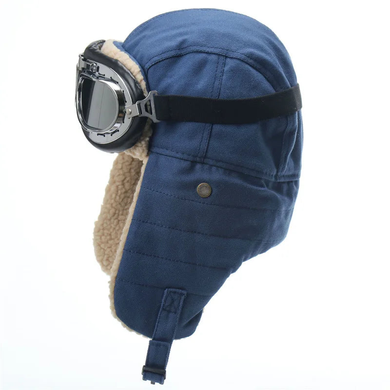 Army Military Ushanka Men&Women Windproof Winter Bomber Hats with Goggles Warm Lamb Wool Pilot Earflap Thermal Snow Cap