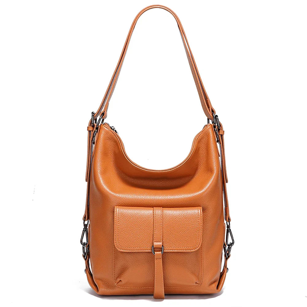 Stylish Women Shoulder Bag 100% Genuine Leather Large Capacity Handbag Multifunction Satchel Bag Backpack Brown 2 in 1 Bag
