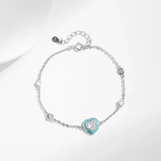 Bracelet en Argent Sterling 925 Cœurs Romantiques Zirconium Cubique Émail Vert Fermoir Mousqueton Chaîne Maillons Pour Femmes Bijoux Fins Tendance Cadeaux