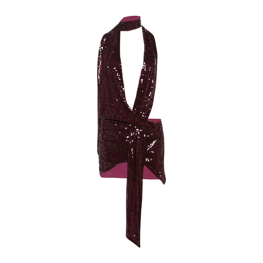 Coquettish Shiny Sequins Dress Women Halter Scarf+Sexy Deep V-Neck Backless Sleeveless Ruched Ribbon Club Hottie Outfits