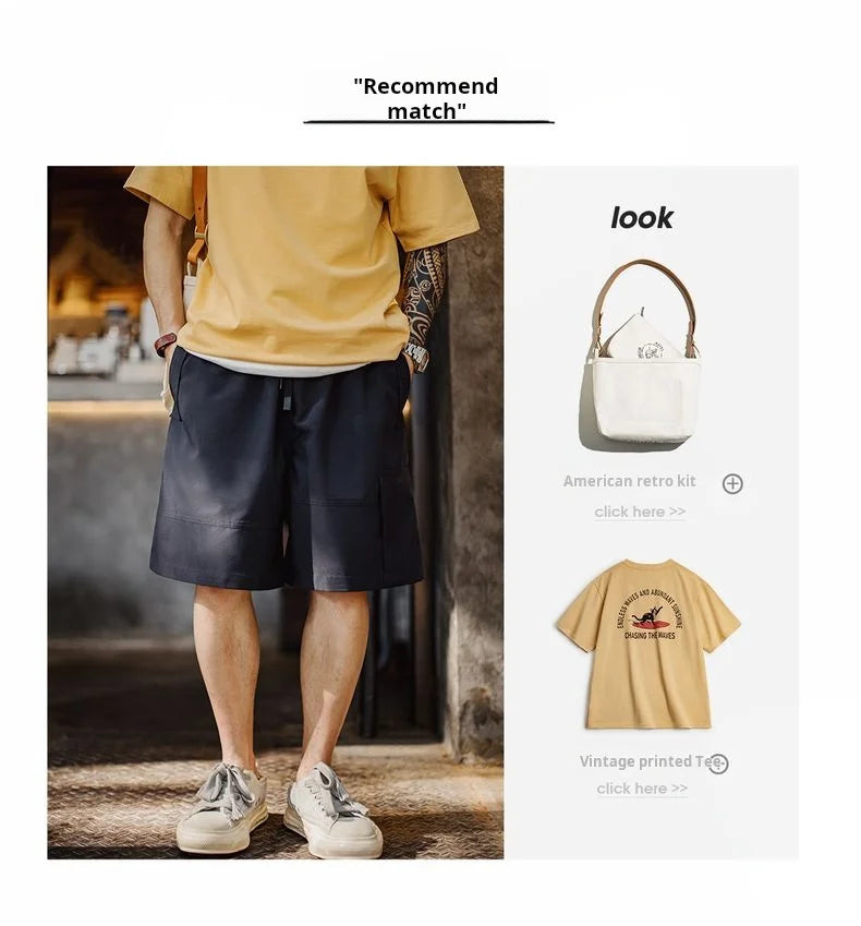 Men's Outdoor Casual Cargo Shorts Elastic Waist Drawstring Shorts with Reflective Strip and Multiple Pockets Loose Bottoms