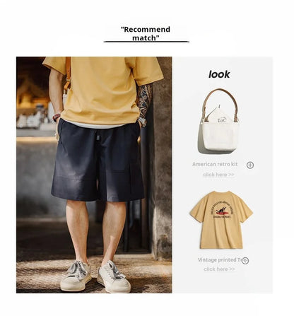 Men's Outdoor Casual Cargo Shorts Elastic Waist Drawstring Shorts with Reflective Strip and Multiple Pockets Loose Bottoms