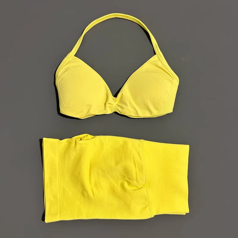 No Logo 2 Piece Impacts Gym Set Women Seamless Yoga Strappy Bra Workout Scrunch Sports Low Waist Shorts Sport Set