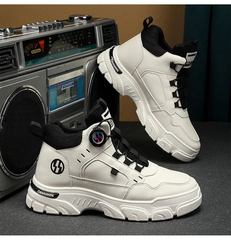 Autumn Men's Sneakers New Breathable Workwear Shoes Trendy Thick Soled Shoes Anti Slip White Casual Skateboard Shoes Ankle Boots