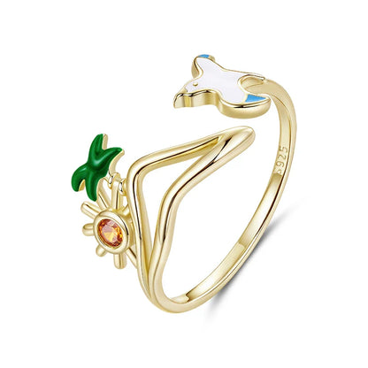 925 Sterling Silver Seagull & Island Open Ring, Adjustable Beach Vacation Rings Boho Style Jewelry with Green Palm