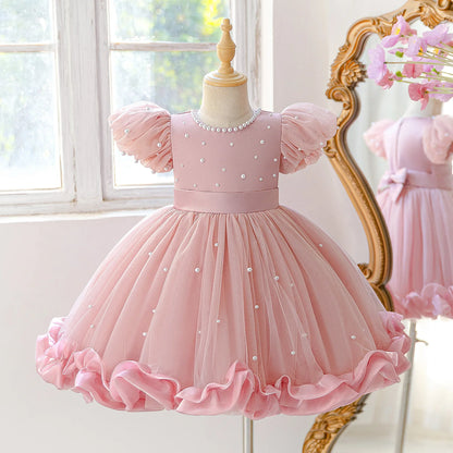 Summer Flower Girls Dress Elegant Imitation Pearl Birthday Party Prom Dress Girl Tulle Wedding Bridesmaids Pageant Princess Gown