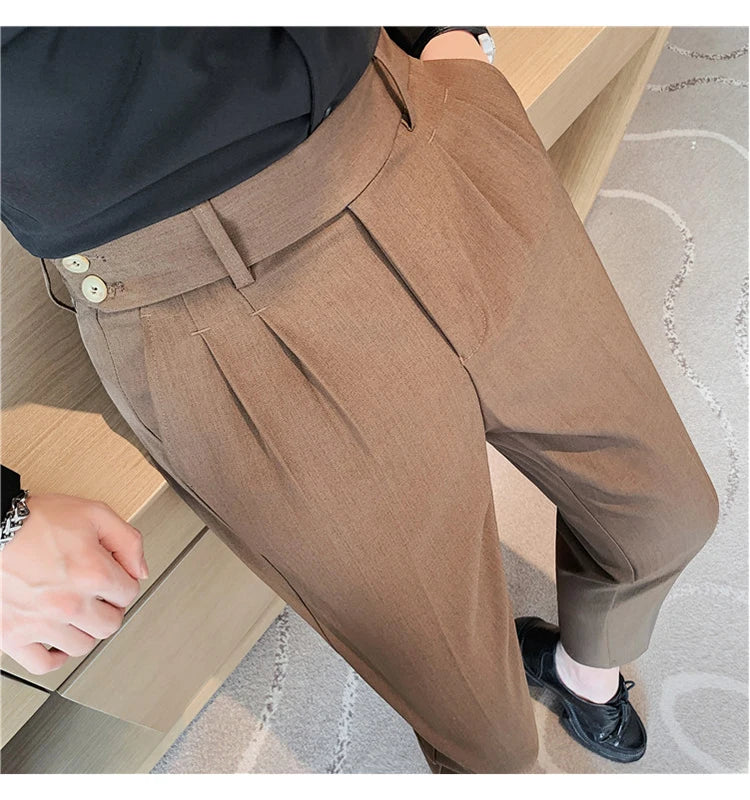 British Style Twill Pleat Design Naples High Waist Casual Trousers Fashion Man Slim Simple Social Party Suit Pant Plus Size 38
