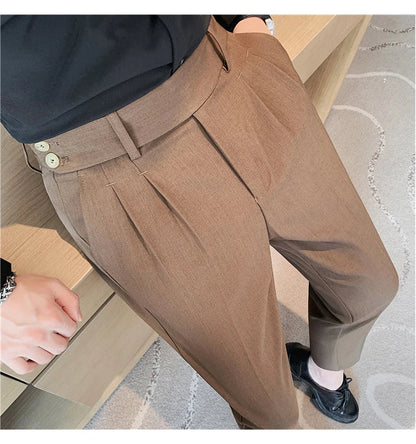 British Style Twill Pleat Design Naples High Waist Casual Trousers Fashion Man Slim Simple Social Party Suit Pant Plus Size 38