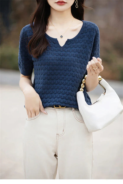 Women's T-shirt Summer New 100% Pure Cotton Tees Casual Solid Knitted Short sleeved V-neck Pullover Loose Tops Fashion Sweater