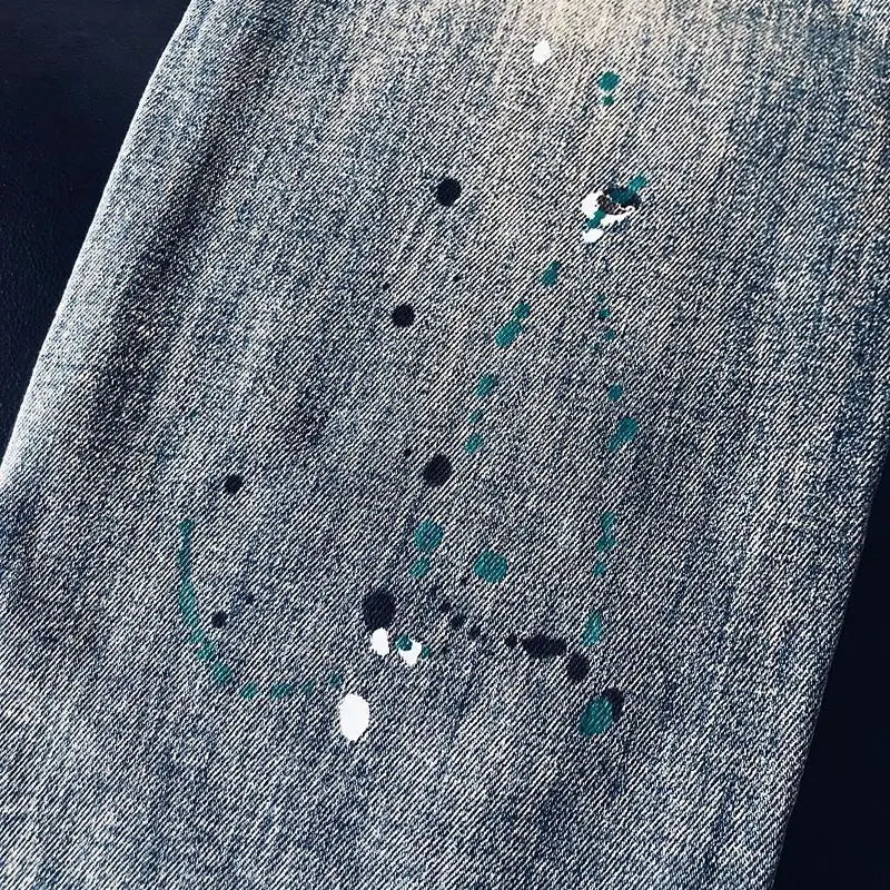 High-quality Blue Jeans Men's 2025 Spring and Summer European Wear Cargo Brand Letter Printing Ink Splashing Straight-leg Pants