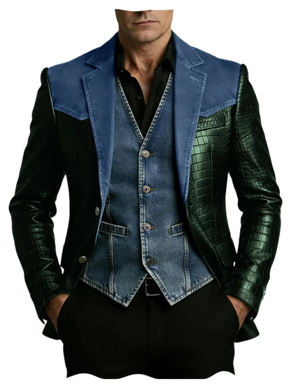 Men's Patchwork Denim & Crocodile Leather Blazer Two-Tone Western Style Suit Jacket Vintage Casual Fashion Coat