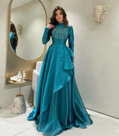 Customized Exquisite Retro Beading Applique Ruched Sheath High Collar Long Dresses Prom Dresses High Quality Classic Casual Sexy