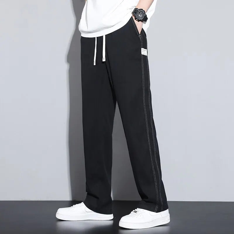 Summer Soft Lyocell Fabric Men's Jeans Thin Loose Straight Pants Drawstring Elastic Waist Korea Casual Trousers Plus Size M-5XL