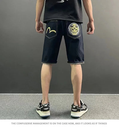 Men Embroidery Denim Shorts Black Hiphop Jeans Pants Cherry Blossom Dragon Totem Washed Zipper Cotton Summer cherry blossoms 024