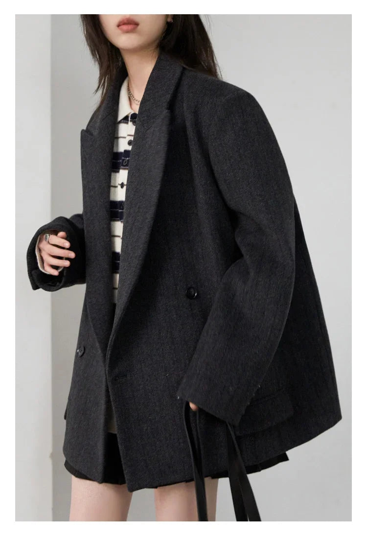 Women Woolen Blazer Loose Vintage V Neck Female Jacket Suit Double Breasted Office Ladies Coat Spring Autumn 2025