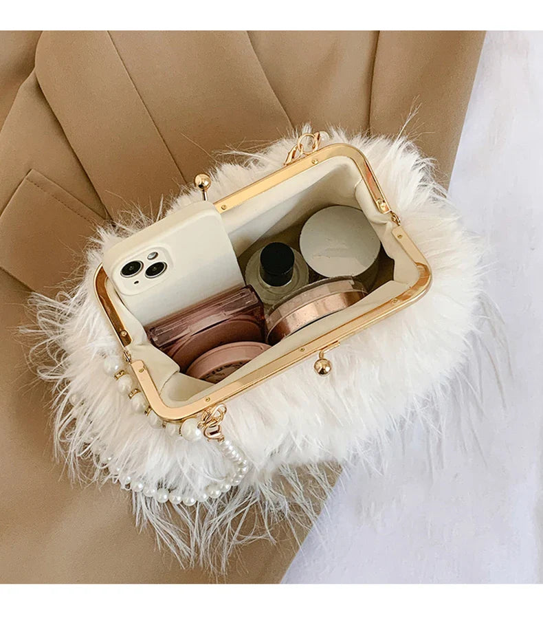 Luxury Faux Fur Evening Bag Pearl Chain Trendy Long Tassel Plush Shoulder Bag Large Capacity Tote Wedding Handbag XA48ZZ