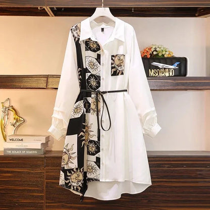 Vintage Print A-Line With Belt Loose Polo Neck Women's Dress Elegant Single-Breasted Knee Length Dresses For Women 2024 Spring