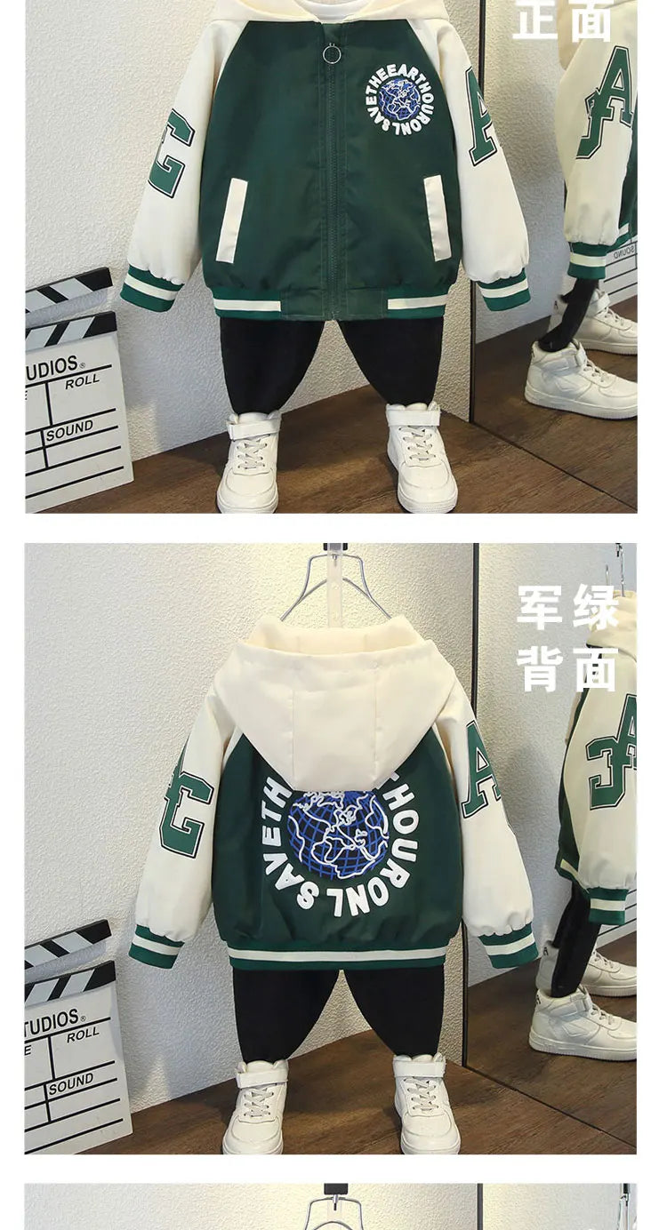 Fashion Boys Color Block Baseball Jacket 2025 Spring Autumn Baby Girl Letter Print Casual Hooded Zipper Coats Kid Clothes 2-12 Y