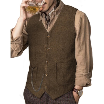 Men Vest Coffee Herringbone Solid Single Breasted Waistcoat For Wedding Business Banquet Party Work Daily Casual Men Suit Vest