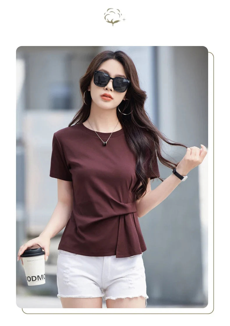 Women's summer new cotton irregular top short sleeved round neck casual women's short sleeved top T-shirt