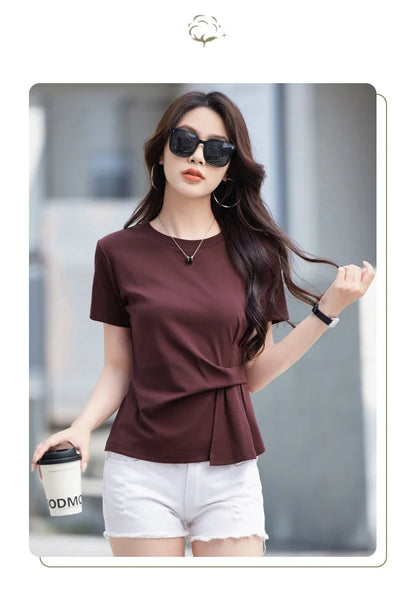 Women's summer new cotton irregular top short sleeved round neck casual women's short sleeved top T-shirt