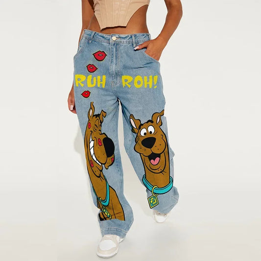 Y2k American Retro Fashion Women High Waist Cartoon Printed Jeans High Street Design Slim Casual Straight Wide-Leg Jeans