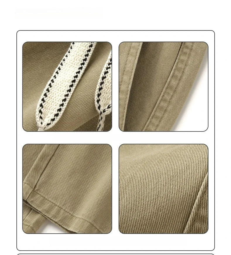 Spring Summer Cargo Pants Men Cotton Enzyme Wash Distressed Loose Fit Straight Leg Khaki Drawstring Elastic Waist Casual Pants