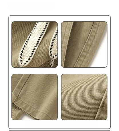 Spring Summer Cargo Pants Men Cotton Enzyme Wash Distressed Loose Fit Straight Leg Khaki Drawstring Elastic Waist Casual Pants