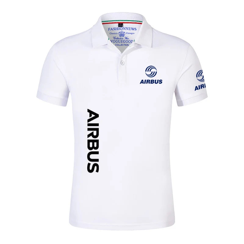 2024 New Solid Color Men AIRBUS AVIATION Flight Lapel  Polo Shirt Bare Stand Collar T-shirt European Loose Short Sleeves Tops