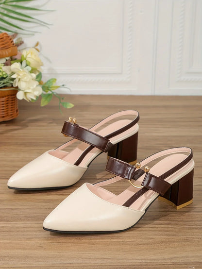Women's Pointed Toe Block High Heel Sandals, Fashion Solid Color Slingback Shoes, Versatile Mid Heels