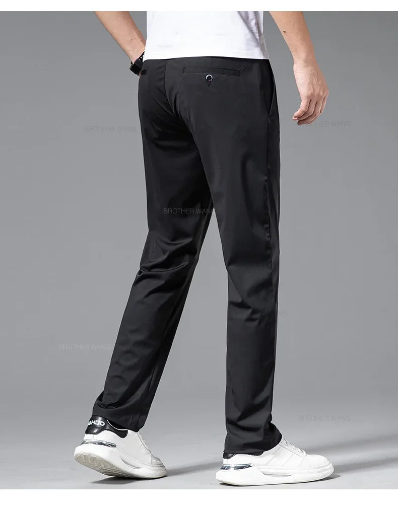 Ultra-thin Ice Silk Cool Men's  Casual Pants Summer New High Elasticity Quick-drying Drape Business Straight Trousers Black Gray