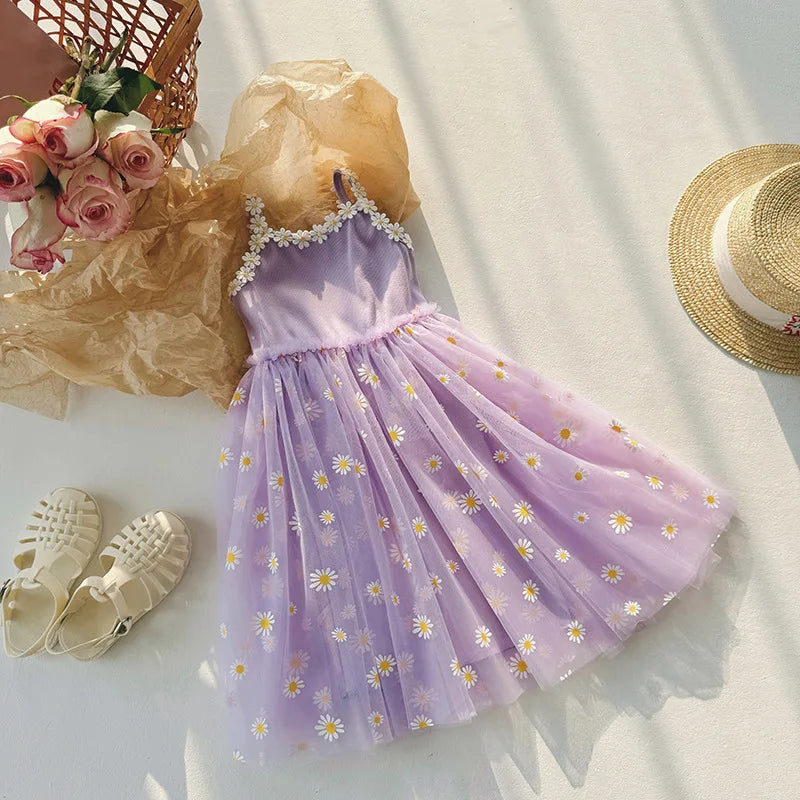 Girls Casual Dresses Little Daisy Flower Mesh Dress for Girls Summer Camisole Pompadour Dress Girls Clothes for2 To 7 Years