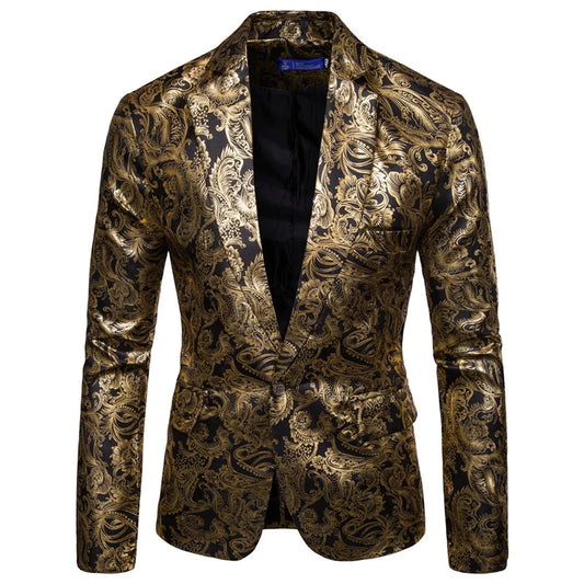 Shiny Gold Foil Printed Men's Suit for 2025 Spring New Style Groomsman Party Stage Performance Slim Fit Jackets for Men