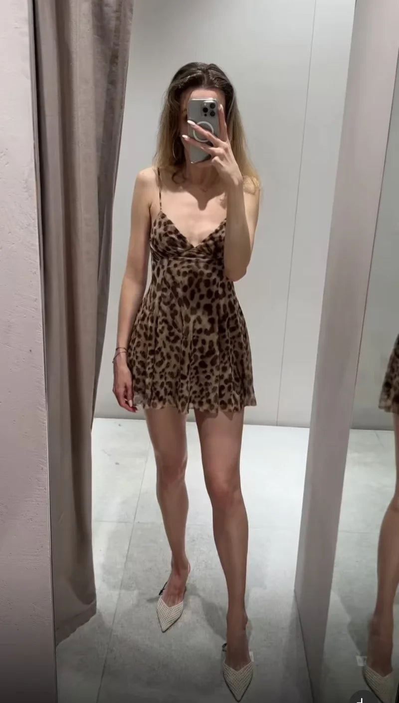 2025 Summer New collection Women's vacation Style printed silk mesh sexy V-neck halter short Dress Hot Girl Dress