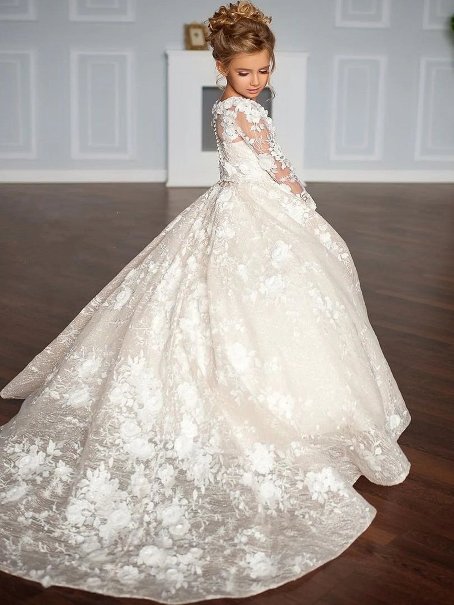 White Flower Girl Dresses for Wedding Floral Lace Appliques Floor Length Princess Kids Birthday Party Communion Party Gown