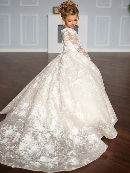 White Flower Girl Dresses for Wedding Floral Lace Appliques Floor Length Princess Kids Birthday Party Communion Party Gown